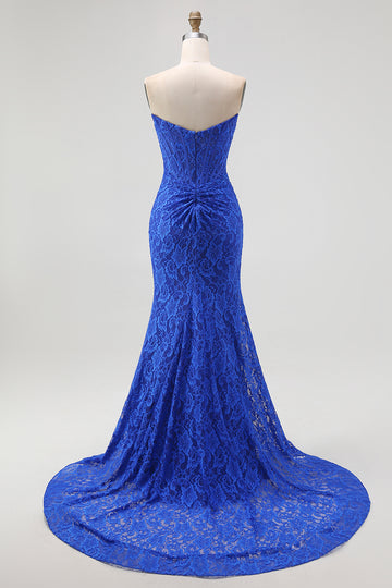 Royal Blue Strapless Corset Mermaid Lace Prom Dress